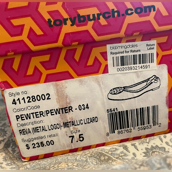 TORY BURCH - Reva Logo flats. Size 7.5 Metallic lizard - pewter w/ box! EUC - Picture 4 of 5